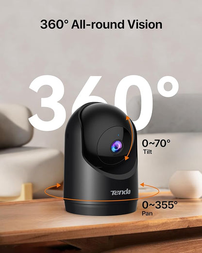 Tenda 2K Indoor Security Camera for Baby Monitor, WiFi 6 Pet/Dog Camera for Home Security, 360° Pan/Tilt, 2-Way Audio, Motion Detection, Night Vision, Cloud & SD Card Storage, Black(CP3-V3.0)