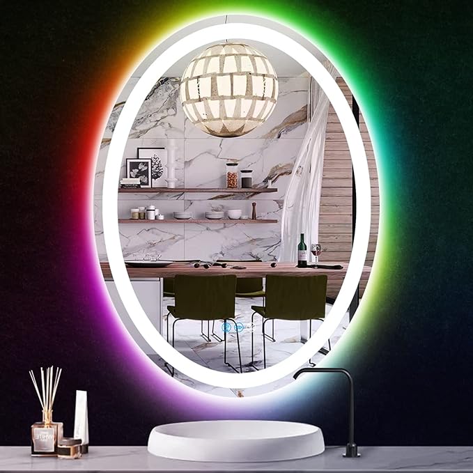 THEKLA 20 x 30 Inch LED Oval Mirror with 3 Color Front Lights + RGB Rainbow Color Changing Backlit Oval Lighted Vanity Mirror for Bathroom Wall Dimmable AntiFog 30in Ovals Smart Light up Mirrors