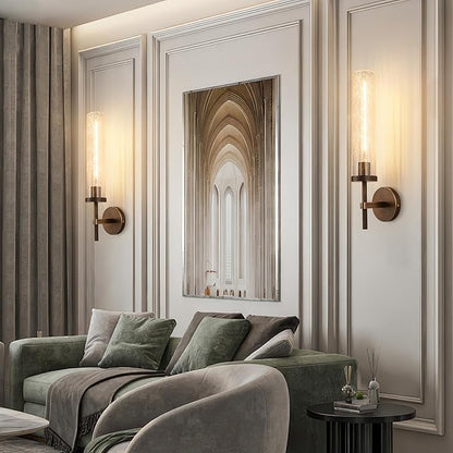 19.5" Knurled Brass Wall Sconces Set of 2, Bronze Bathroom Vanity Light Fixtures with Crackle Glass Tube, Modern Lamp Lighting for Bedroom, Living Room, Hallway, Staircase, Mirror, Kitchen