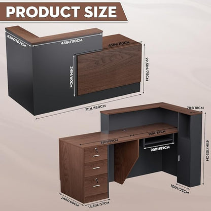 L-Shaped Modern Reception Desk with Counter & Storage - 71" Large Office Front Desk, Salon Checkout Counter with Lockable Cabinets, Shelves(Brown & Black, Left - 71''L x 34''W x 41''H)