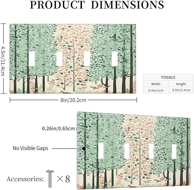 Boho Wildflower Forest Woodland Animals Light Switch Covers Quad Toggle 4 Gang Wall Plate Decorative Switch Plates Electrical Faceplate for Bedroom Bathroom Decor