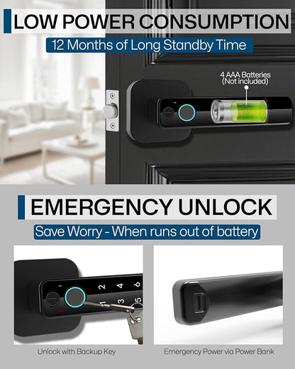 5-in-1 Smart Fingerprint Door Lock,Keyless Entry Digital Knob, Bluetooth App Control, Card and Key, Biometric Door Knob with Handle, Easy to Install for Exterior, Interior, Bedroom Doors