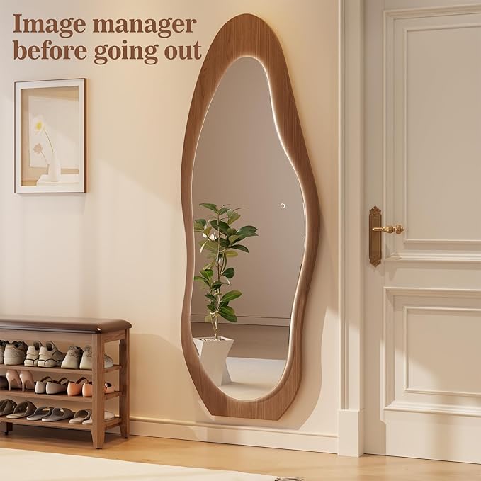 WoodsWhisper 69"x 24" Wavy Mirror Full Length,Lights Irregular led Full Length Mirror, Wavy Wall Mirrors,Shatter-Proof Hanging or Leaning Against Wall for Cloakroom/Bedroom/Living Room,Walnut