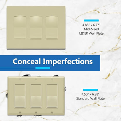 LIDER Matte Finish Decorator Switch Cover, Screwless Wall Plate, Mid-Size 3-Gang 4.88" x 6.77", Unbreakable Polycarbonate Thermoplastic, UL Listed, LSWP-33M-I, Ivory
