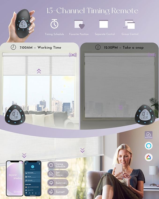 Graywind Motorized Light Filtering Shades Compatible with Alexa Google Rechargeable Remote Control Smart Blinds Automatic Window Shade with Valance for Home Office, Custom Size (Mixwave White)