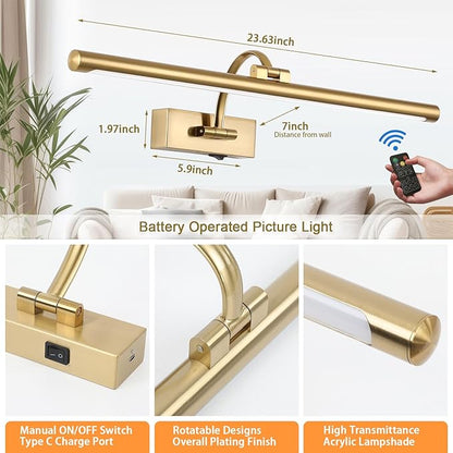 Picture Light Battery Operated with Remote, 3CCT Dimmable Picture Light for Paintings, Brass Rechargeable 24 inch Battery Operated Wall Sconce for Art Lighting Gallery Portrait Artwork