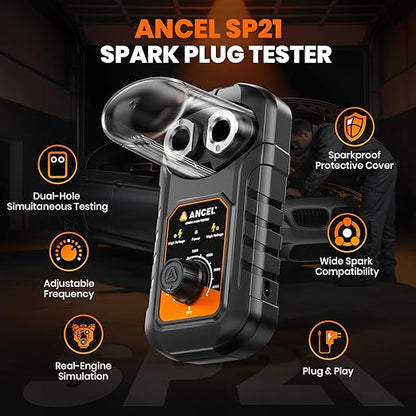 (Upgraded SP02) ANCEL SP21 Spark Plug Tester, Dual Holes Test Spark Plug Tool, Car Motorcycle Engine Ignition Tester 0 to 6000RPM Spark Tester Socket with Mistake-Proof Design