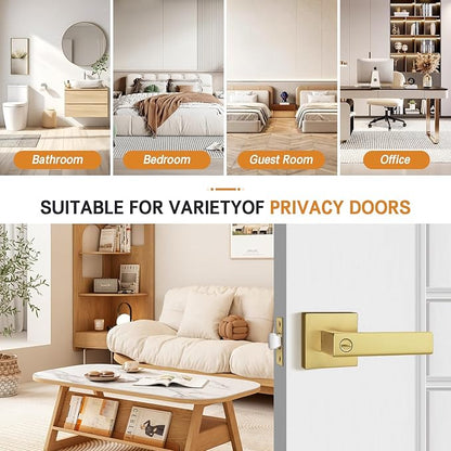 Probrico Heavy Duty Flat Gold Door Handles Square Privacy Interior Door Levers Bedroom and Bathroom Door Handles Keyless Bed/Bath Lockset (1 Pack)