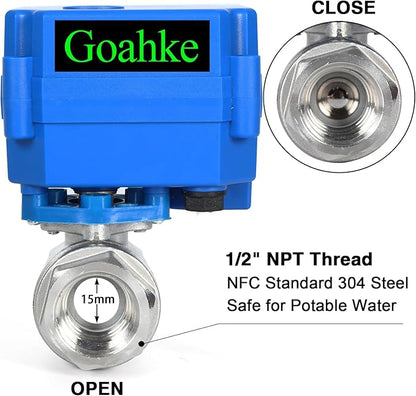 Motorized Ball Valve 1/2", Full Port, 2 Wire Auto Return, Stainless Steel Ball Valve, 9-24V AC/DC, Electric Shut Off Ball Valves