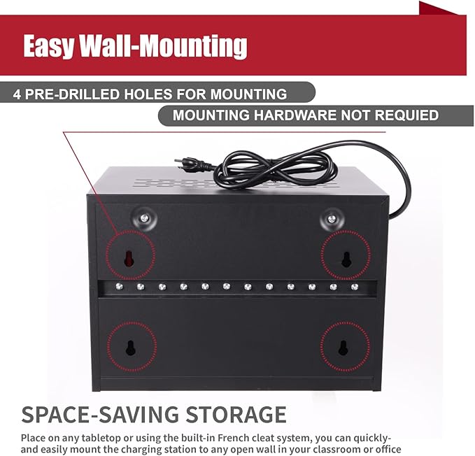 12 Bay Charging Cabinet for Laptop/Chromebook, Black Locking Charging Station with 12-Outlet Strip, Cable Clips, Grommet Holes & Wall-Mount 18.98" W×12.99" D×14.96" H for Office/Classroom