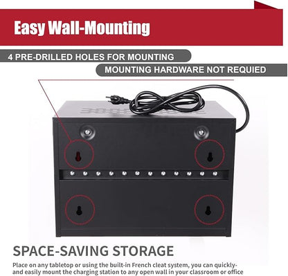 12 Bay Charging Cabinet for Laptop/Chromebook, Black Locking Charging Station with 12-Outlet Strip, Cable Clips, Grommet Holes & Wall-Mount 18.98" W×12.99" D×14.96" H for Office/Classroom