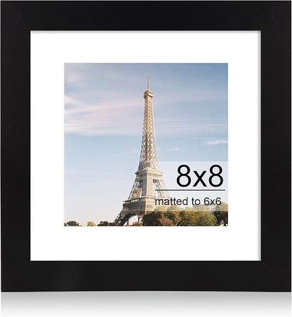 iRahmen 8x8 Picture Frame with HD Tempered Glass, Display Pictures 6x6 with Mat or 8 x 8 Without Mat, Wood Photo Frames for Tabletop and Wall Mount (Black, 1 Pack)