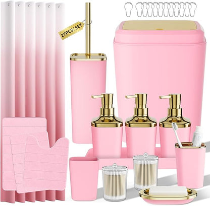 Bathroom Sets with Shower Curtain and Rugs, 27PC Bathroom Accessory Set, Pink Bathroom Set, Pink Bathroom Accessories Set with Trash Can, Toilet Brush and Soap Dispensers