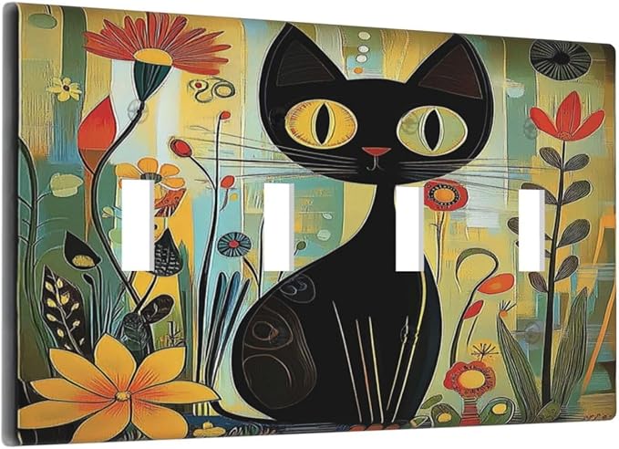 Funny Cat Retro Abstract Flowers Kitten Light Switch Covers Quad Toggle Electrical Faceplate 4 Gang Wall Plate Decorative Switch Plates For Kids Room Bed Room Decor