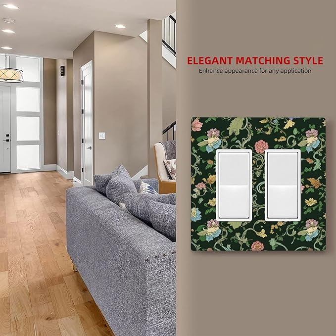 Decorative Outlet Covers Vintage Green Leaf Plant Rustic Pink Flower 2 Gang Wall Plate Double Rocker Two Switch Wall Cover Plate Jumbo Dual GFCI Faceplate for Home Decor