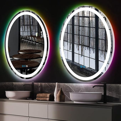 THEKLA 20 x 30 Inch LED Oval Mirror with 3 Color Front Lights + RGB Rainbow Color Changing Backlit Oval Lighted Vanity Mirror for Bathroom Wall Dimmable AntiFog 30in Ovals Smart Light up Mirrors