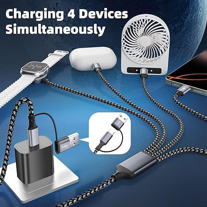 4 in 2 Charging Cable for Apple iWatch Charger with 3 Type-C Ports, Travel Essentials USB C Splitter Multi Charging Cable/Cord for iWatch Ultra/SE/10-1, iPhone17 16 15 14, Android, More -1Pack 5FT
