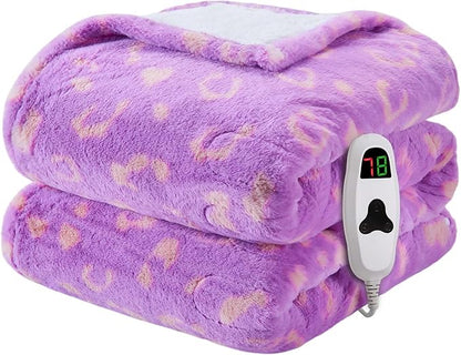Leopard Print Heated Electric Blanket Full Size,72X84 Purple Heating Blanket with 10 Heats Levels & 8 Hours Auto Off,Cute Fleece Sherpa Blankets Warmer Gifts for Women Adults,Washable