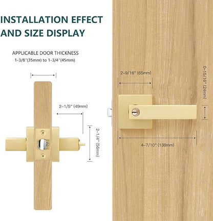 1 Pack Brushed Gold Door Knobs Heavy Square Gold Door Knob with Lock, Left/Right Hand Reversible, Door Lever for Front/Exterior, Gold Door Handles Interior