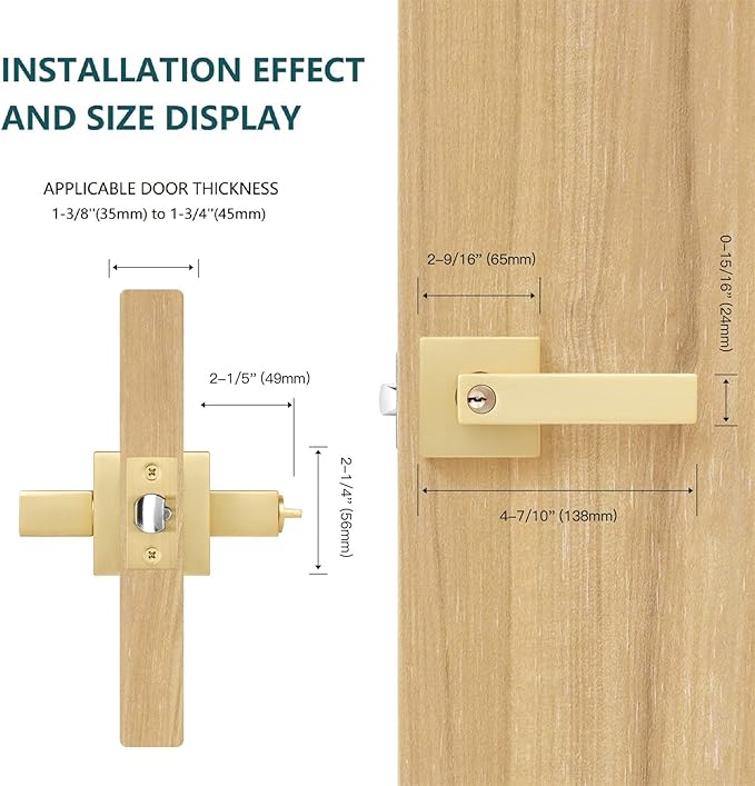 6 Pack Heavy Duty Square Brass Keyed Alike Entry Door Knobs, Locked Inside with Button Exterior/Interior Golden Door Handle Lever with 3 Universal Keys