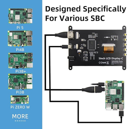 5 Inch LCD Touch Screen, 1024x600 IPS Display with Stand, HDMI Portable Monitor for Raspberry Pi 5/4B/3B+/3B/B+/Zero/400, BB Black, Windows 10 8 7, Free Driver