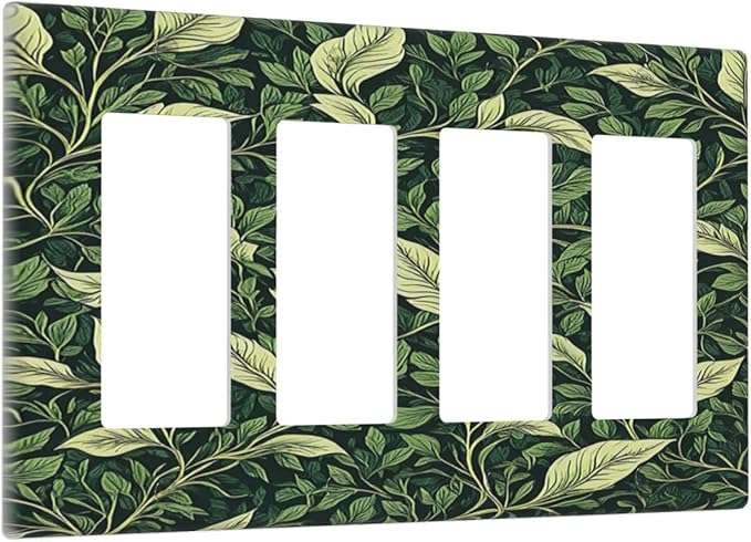 Vintage Green Plant Leaves 4 Gang Wall Plates Outlet Covers Quad Rocker Light Switch Cover Plate Decorative Switch Plates GFCI Electrical Faceplate for Bathroom Bedroom Decor 4.5 X 8 IN