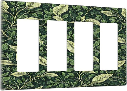 Vintage Green Plant Leaves 4 Gang Wall Plates Outlet Covers Quad Rocker Light Switch Cover Plate Decorative Switch Plates GFCI Electrical Faceplate for Bathroom Bedroom Decor 4.5 X 8 IN