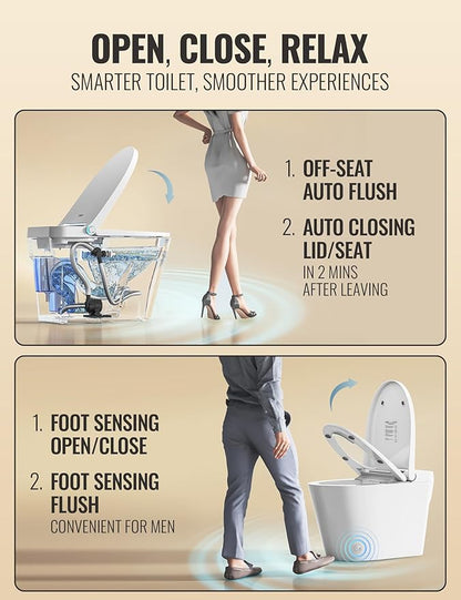 Smart Toilet with Bidet Built in, Luxury One Piece Elongated Bidet Toilet, Auto Open/Close/Flush, Foot Sensor Operation, Built-in Tank & Booster Pump, Heated Seat, Massage Wash, Night Light