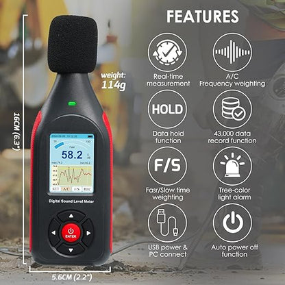 Decibel Meter Data Logger Digital Sound Decibel Meter, Sound Level Meter with 43,000 Data Record & Export, Rechargeable Noise Meter with A/C Frequency&DC Output, 3-Color Alarm, Real Time Measurement