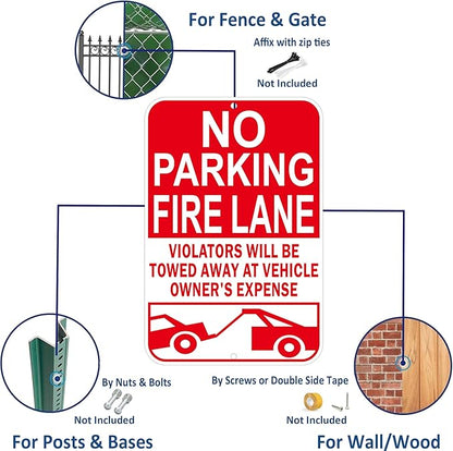 No Parking Fire Lane Sign, Reflective Aluminum, 12 x 18 Inches, Weather Resistant, UV Protected, Indoor Outdoor Use, 2 Pack