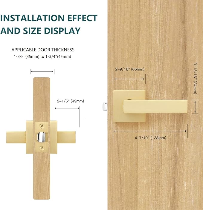 3 Pack Heavy Passage Door Handle Keyless Square Brushed Brass Closet Door Knobs with Modern Contemporary Design for Hallway or Closet