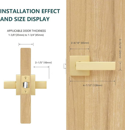 6 Pack Passage Door Lever Square Gold Door Handles in Stain Brass,Contemporary Modern Design Door Lock for Hall or Closet