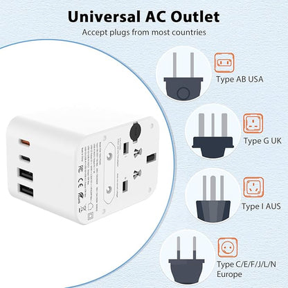 European Travel Plug Adapter, Universal Travel Adapter with PD Fast Charging, 5-Port (1 AC/2 USB-A/2 USB-C) International Power Adapter with Fuse Surge Protection for US EU UK AU - Black