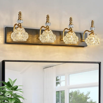 Bathroom Light Fixtures, Modern Glass Crystal Bathroom Vanity Light Vintage Bathroom Lighting Fixtures Over Mirror 4 Light Vanity Lights G9 Bulb (27.55 Inch, Black Gold)
