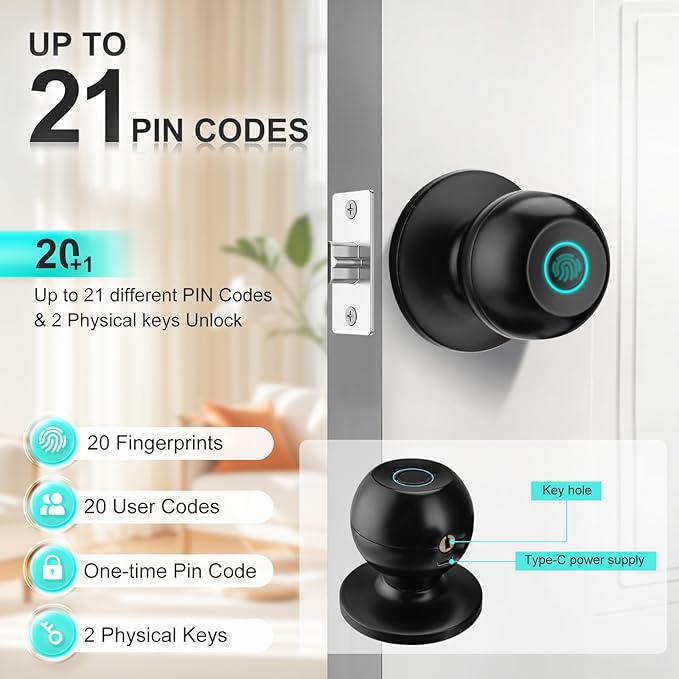 JO.KO Fingerprint Door Lock, Biometric Door Lock with App Control & Key, Smart Door Lock for Bedroom, Entry Door, Keyless Finger Print Door Knob with Thumb Print Black