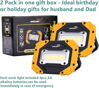 Sunzone Portable LED Work Light,AA Battery Powered Flood Lights,Super Bright Workshop Job Site Lighting for Camping, Hiking, Fishing, Car Repair with Emergency SOS Mode (2 Pack)