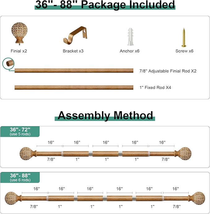 Imitation Wood Grain Ball Curtain Rods for Windows 48 to 84 Inch,1 Inch Heavy Duty Adjustable Wood Curtain Rod,Boho Decorative Drapery Rods Set with Brackets,Size:36''-88''