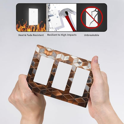 Brown Abstract Luxury Modern Geometric Cubic Marble 3 Gang Triple Rocker Decorative Light Switch Covers Electrical Faceplate Switch Plates for Bathroom Kitchen Home