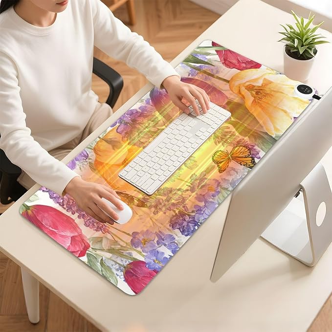 Heated Desk Pad Mouse Pad 31.5x13 Inch PU Leather Desk Mat with 3 Heat Levels Large Mouse Gaming Computer Laptop Mat Tulips Lavenders Purple Butterfly