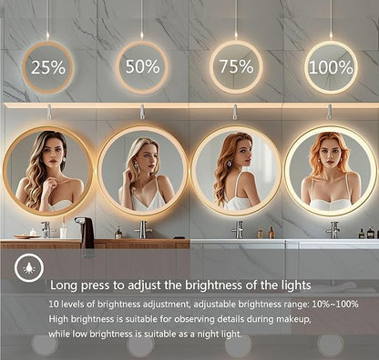 28 Inch Wall-Mounted Round Bathroom Mirror with LED-Lights - Frame Vanity Mirrors (28" x 28", Gold)