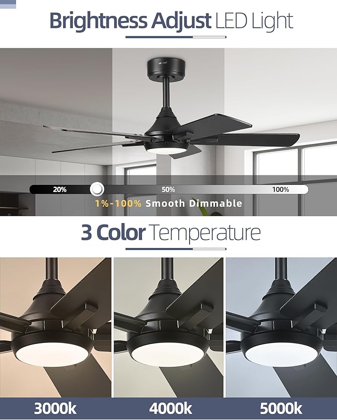 YOUKAIN Ceiling Fans with Lights, 42 Inch Black Ceiling Fans, Smart Ceiling Fan Works with Voice Control & Remote Control, Reversible Blades, Modern Led Ceiling Fan for Bedroom, 42-YJ812-BK