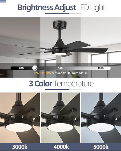 YOUKAIN Ceiling Fans with Lights, 42 Inch Black Ceiling Fans, Smart Ceiling Fan Works with Voice Control & Remote Control, Reversible Blades, Modern Led Ceiling Fan for Bedroom, 42-YJ812-BK