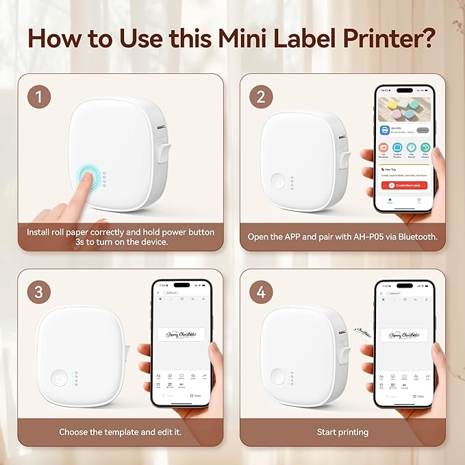 Mini Label Maker Machine with Tape – Portable Bluetooth Mini Label Printer, Wireless Thermal Label Maker, Waterproof & Rechargeable, Built-in Cutter, for Home, Office, School, Kitchen – White