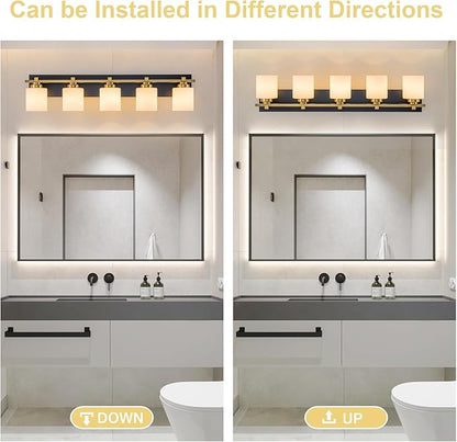 5 Light Modern Bathroom Light Fixtures Over Mirror, Black Gold Vanity Lights for Bathroom Wall Sconces with Milky White Glass Shades, E26 Socket (Bulbs Not Included)