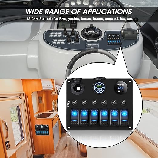 MKING 6 Gang Marine Switch Panel - Waterproof Rocker Switches with USB & Type-C Charger, Circuit Breaker, Digital Voltmeter, and Power Socket, Compatible with 12V-24V Vehicles