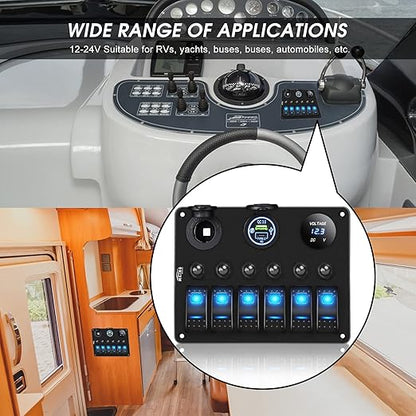 MKING 6 Gang Marine Switch Panel - Waterproof Rocker Switches with USB & Type-C Charger, Circuit Breaker, Digital Voltmeter, and Power Socket, Compatible with 12V-24V Vehicles