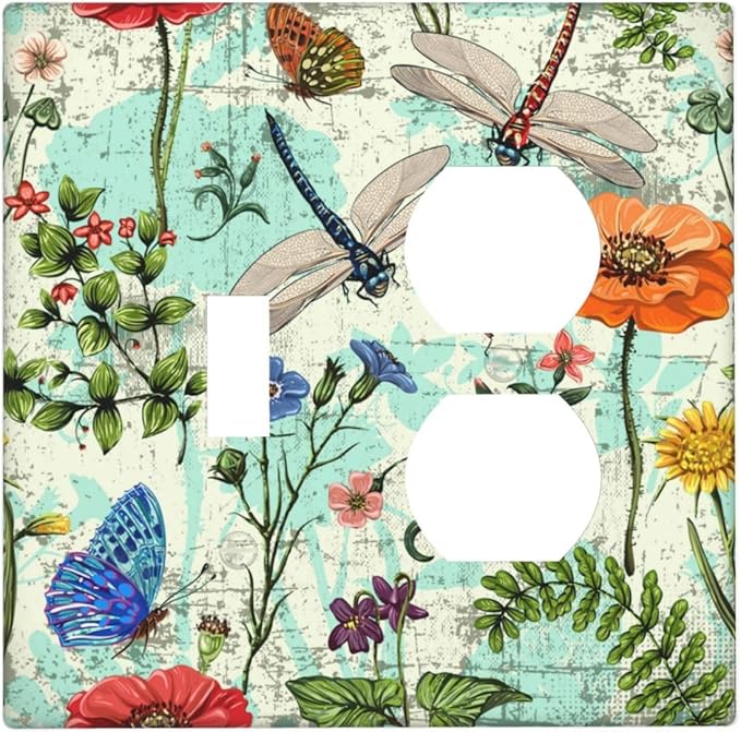 Dragonflies Flowers Butterfly 2 Gang 1 Toggle 1 Outlet Outlet Light Switch Cover Decorative Wall Plate Cover For Home Living Bedroom Kitchen Decorative