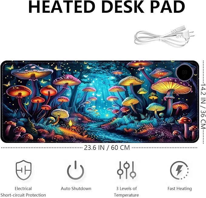 Heated Mouse Pad with 3 Levels Heated & 3 Hours Auto Shut-Off Mouse Pad for Warming Hands in Office Home, 23.6" x 14.2"Large Safe Desk Mat Hand Warmer，Forest Glowing Mushroom
