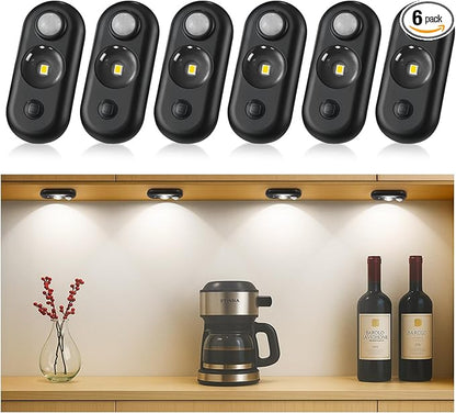 LED Motion Sensor Puck Lights, Small Rechargeable Under Cabinet Light, Dimmable Daylight White Closet Lights, Wireless Under Cabinet Lighting for Drawer, Kitchen (6 Pack)