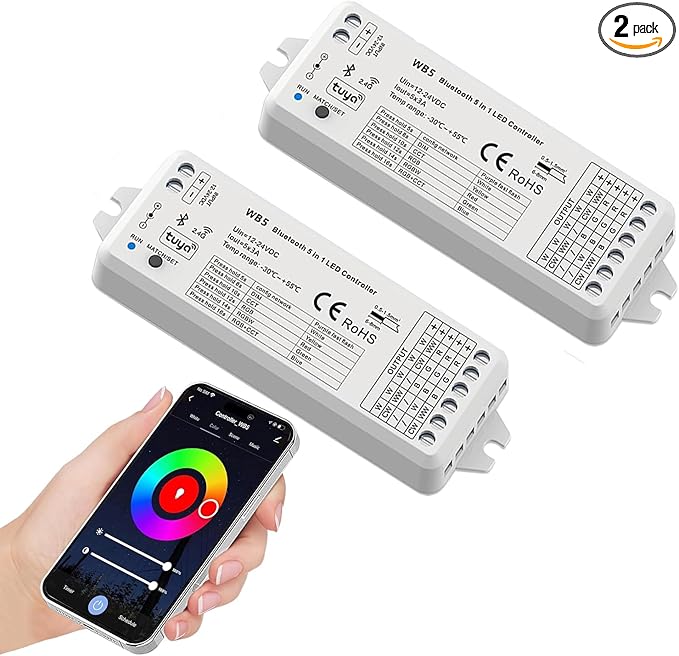 (2 Pack) 5in1 WB5 LED Controllers Bluetooth Control 2.4GHz Dimmable CCT RGB RGBW RGBCCT COB LED Strips - Compatible with Tuya App Echo Alexa Google Home Voice Control